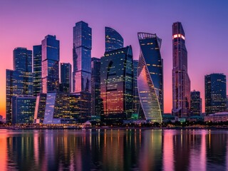 Fototapeta premium Moscow cityscape with modern skyscrapers and colorful sky at sunset