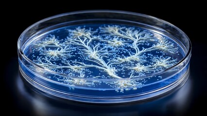 Intricate bacterial growth pattern in petri dish, showcasing scientific research and biological structures against a dark background
