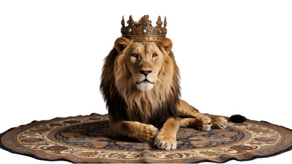 A regal lion wearing a crown on a decorative rug isolated on transparent background