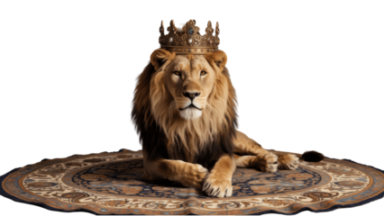 A regal lion wearing a crown on a decorative rug isolated on transparent background