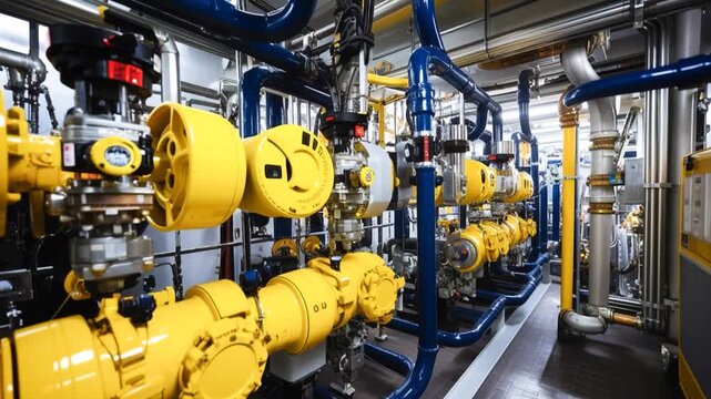 Equipment, cables and piping as found inside of a modern industrial power plant.  Scene. Inside a huge gas industry plant.
