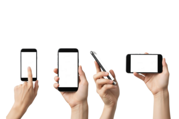 Hands holding smartphones in various positions and orientations isolated on transparent background