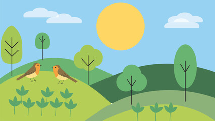 Spring landscape with sparrows