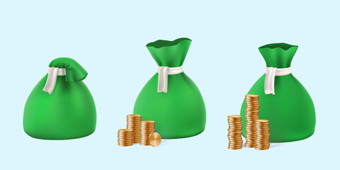 3d money bag full of coins, open sack with gold floating. Million dollar cash casino prize, invest budget concept. Bank bill bonus, treasure investment. Realistic reward bonus, finance value render