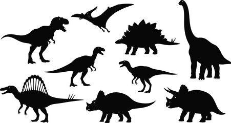 Dinosaur silhouette set, prehistoric animal icons, Tyrannosaurus rex, Stegosaurus plates, Triceratops horns, Brachiosaurus long neck, Velociraptor,  © Tanzila