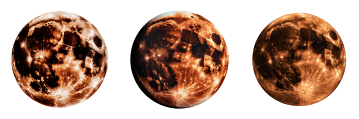 Three moons with craters on surface isolated on transparent background