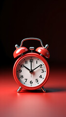 Retro red alarm clock with twin bells on red surface and dark background
