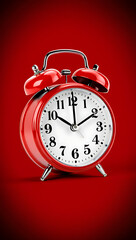 Shiny red alarm clock against vibrant red background studio shot
