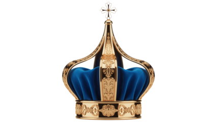 Golden crown with blue velvet and cross on top isolated on transparent background