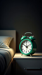 Green alarm clock on nightstand next to bed in dimly lit bedroom