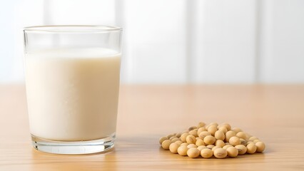 A glass of nutritious soy milk next to a pile of raw soybeans on a wooden surface, symbolizing healthy eating and plant-based nutrition