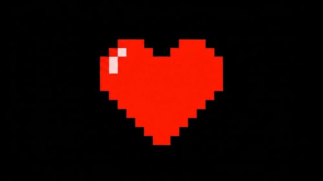 Pixelated red heart with a subtle white highlight on a black background
