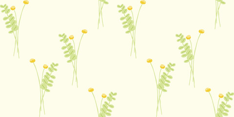 Seamless pattern with eucalyptus leaves and yellow wildflowers