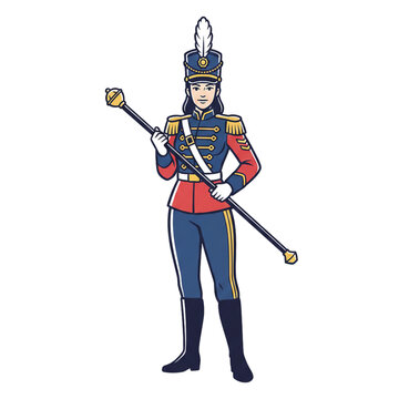 a drum band majorette in full costume, against a white background.