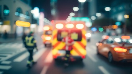 Generative AI depiction of an urban emergency scene with blurred moving vehicles and responders at