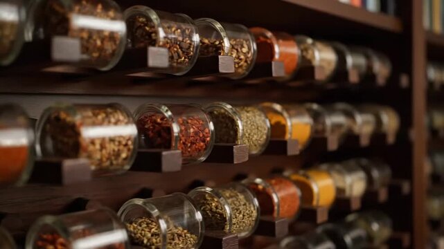 Colorful Aromatic Spices and Herbs Neatly Organized in Glass Jars on a Wooden Kitchen Rack, Culinary Ingredients