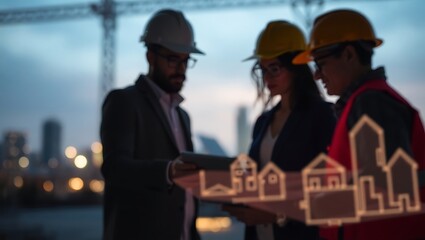 Generative AI depiction of construction engineers analyzing digital architectural models at dusk