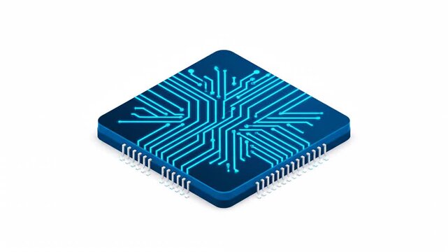 Animated Isometric Microchip with Glowing Blue Circuits and Data Flow on White Background