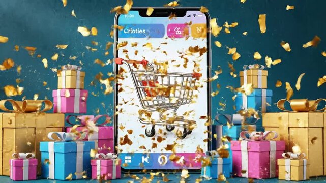 Smartphone Shopping Cart with Gift Boxes and Confetti Explosion