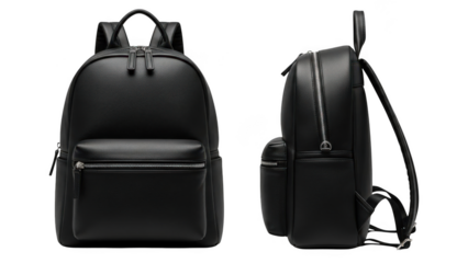 Black leather backpack front and side view isolated on transparent background Keywords: backpack