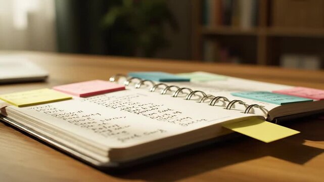 Open Spiral Notebook with Handwritten Notes and Colorful Sticky Tabs on a Wooden Desk for Planning and Organization