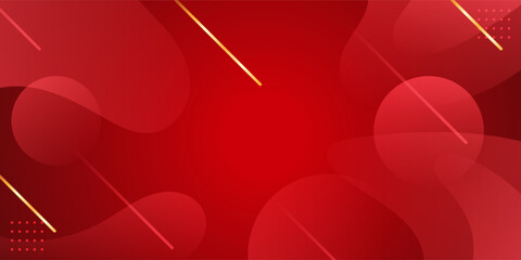 A vibrant dark red background featuring a modern geometric line shape design with diagonal stripes and thin golden accents