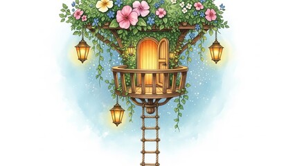 Enchanted treehouse surrounded by lush foliage and vibrant flowers illuminated by lanterns at dusk from a distant viewpoint