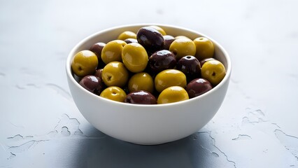 A white bowl filled with a variety of green and black olives against a textured light gray background, perfect for culinary and Mediterranean themes