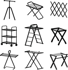 Folding stand icons, collapsible rack designs, household utility furniture, portable storage illustration, travel accessory symbols, organizational support structures