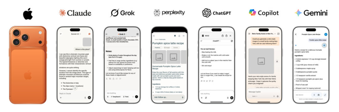 AI chatbot conversation interface on iPhone screens with multiple assistants
AI chatbot conversation interface showing ChatGPT Copilot Gemini Claude Grok Perplexity on iPhone