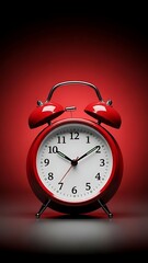 Classic red alarm clock with white face set against red glow