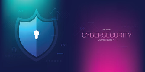 Modern National Cybersecurity Awareness Month. Shield and padlock. Great for cards, banners, posters, social media and more