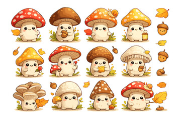 Obraz premium Cute Mushroom Characters with Autumn Elements