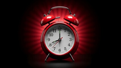 Classic red alarm clock glowing with radial light rays on black backdrop