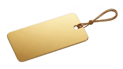 Blank golden rectangular tag with rope loop isolated on transparent background label