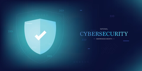Modern National Cybersecurity Awareness Month. Shield and padlock. Great for cards, banners, posters, social media and more