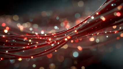Dynamic flow of glowing red data streams with vibrant bokeh lights creates a modern technological abstract background perfect for digital innovation