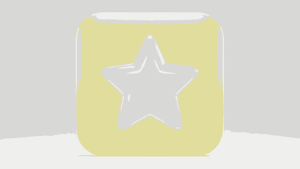 3D star icon on rounded square yellow button with flying reflective stars background. © Han's