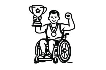Happy Athlete in Wheelchair Holding Trophy and Medal