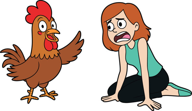 Funny cartoon illustration of a large brown rooster surprising a scared woman kneeling on the ground, isolated on white background.