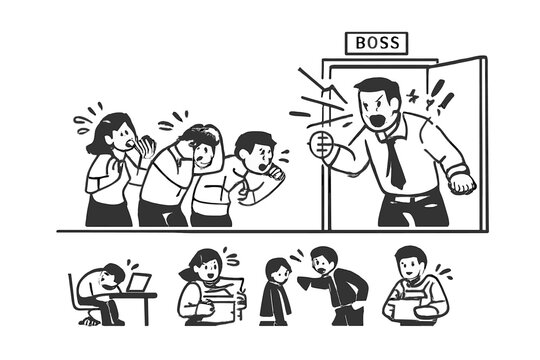 Angry boss yelling at scared employees