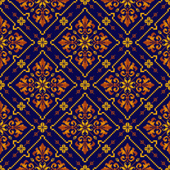 A seamless traditional pixel art geometric pattern featuring diamond shapes, floral motifs, and ornate details in orange and gold on a deep blue background. Pixel art vector pattern