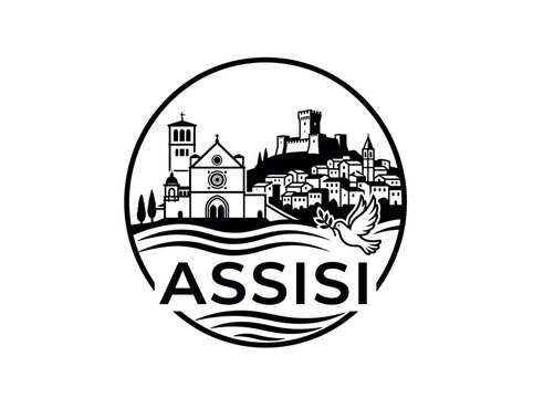 Assisi city of Italy skyline emblem with landmarks