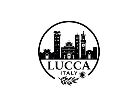 Lucca city of Italy skyline emblem with landmarks