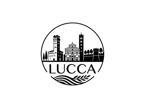 Lucca city of Italy skyline emblem with landmarks