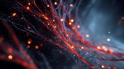 Vibrant abstract network of glowing red neural pathways illuminated by shimmering bokeh lights in deep space