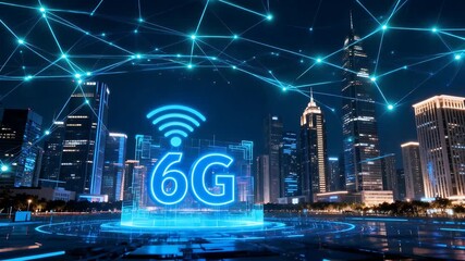 Futuristic city skyline with glowing 6G network symbol and interconnected data lines. - Powered by Adobe