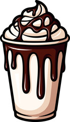 Decadent cartoon vector illustration of a milkshake or frappe in a takeaway cup, generously topped with whipped cream and dripping chocolate syrup sauce.