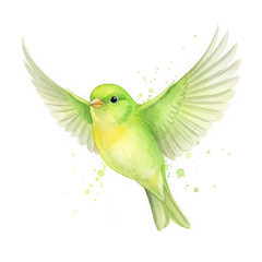 Vibrant Green Bird in Flight Watercolor Illustration, Expressive Songbird Painting with Paint Splatters