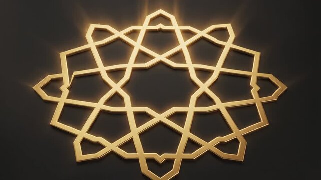 Glowing golden geometric pattern with interlocking lines and shapes on a dark background with radiant light effects.